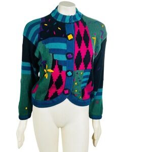 R I R 1993 Vintage Cardigan Sweater Bright Button Cropped‎ Geometric Y2K Size 1